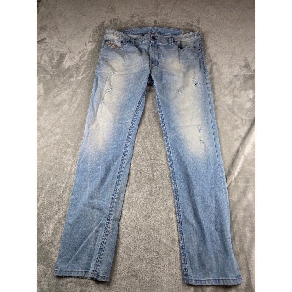 Diesel Jeans Men 40 Light Blue Thavar Slim Skinny Distressed Stretch Wash 0831E